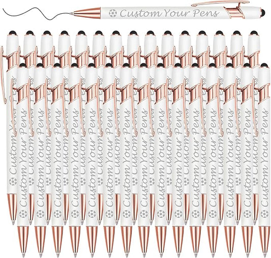 Amlion Personalized Custom Pens with Name Engraved Logo Text,30 Customized Writing Stylus Pen Promotional Item Gift for Men Women Office Business Wedding-White