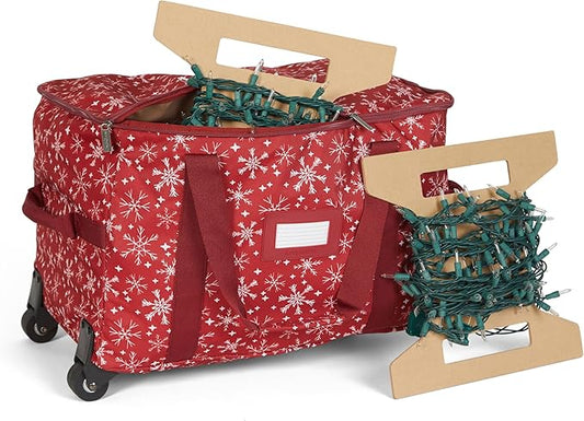 Covermates Keepsakes Rolling Christmas Light Storage Bag - Carrying Handles, ID Window, Dual Wheels - Holiday Storage, Red Snowflake