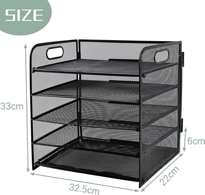 Paper Letter Tray with Handle, 5 Tier Metal Mesh Desk File Organizer, A4 Paper Desktop Filing Trays, Desk Tidy Magazine Document Holder for Home Office, Black
