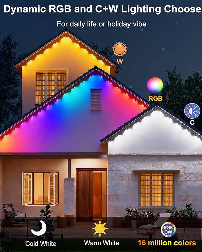 Permanent Outdoor Lights Pro, 50FT with 30 RGBCW IC LED String Lights Outdoor, IP68 Waterproof Smart Christmas Lights for House, Eaves, Daily, Party Decor, APP Alexa Google Control