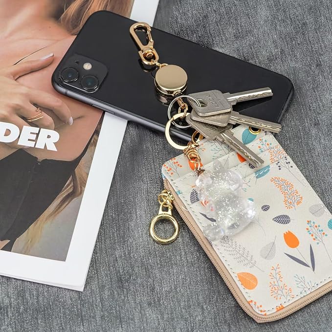 2 Pack Retractable Keychain, Retractable Badge Holder with Cord and Carabiner Key Chain, Badge Reel for Id Card Holders Women Nurse Teacher Student (Silver, Bling Purple)