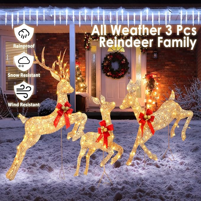 NALONE 3 PC Lighted Reindeer Family Set, 3D Large Christmas Deer Decoration for Outdoor Yard with 210 Warm White LED Lights, Xmas Deers for Outside with Stakes, Bow Ties