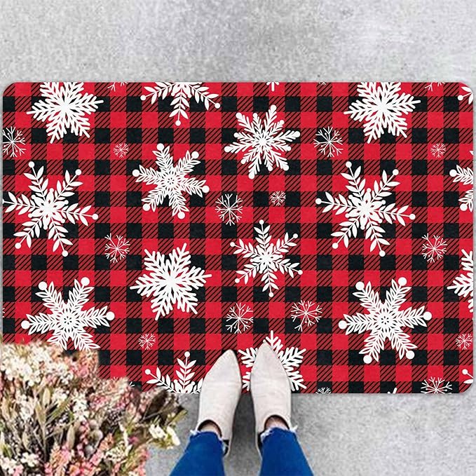 Merry Christmas Snowflakes Red Plaid Door Mat, Christmas Buffalo Plaid Doormat with Non-Slip Backing Front Porch Rug Welcome Mats for Home Indoor Outdoor, 18" x 30"Inch
