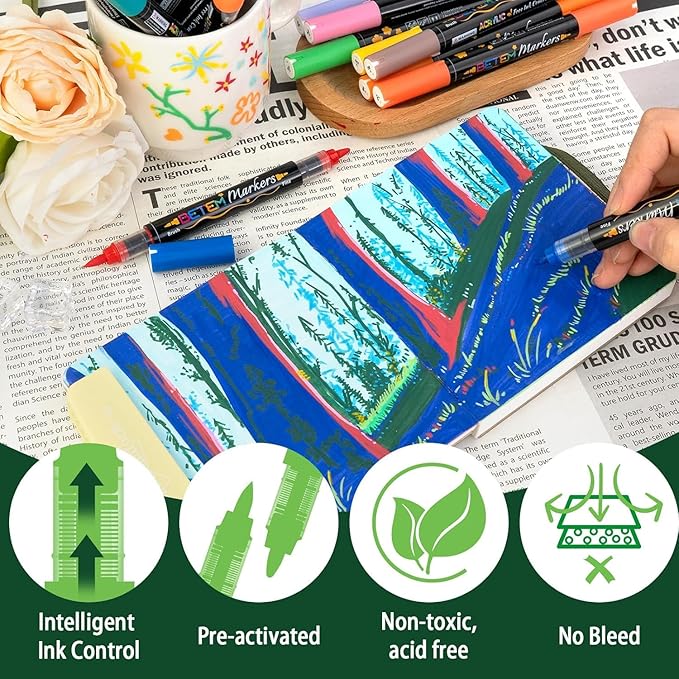 Acrylic Paint Markers Paint Pens, 36 Colors Dual Tip Direct Liquid Acrylic Markers with Automatic Ink Control System, Fine & Brush Tip Art Supplies for Rock Painting, Wood, Stone, Fabrics, DIY Craft