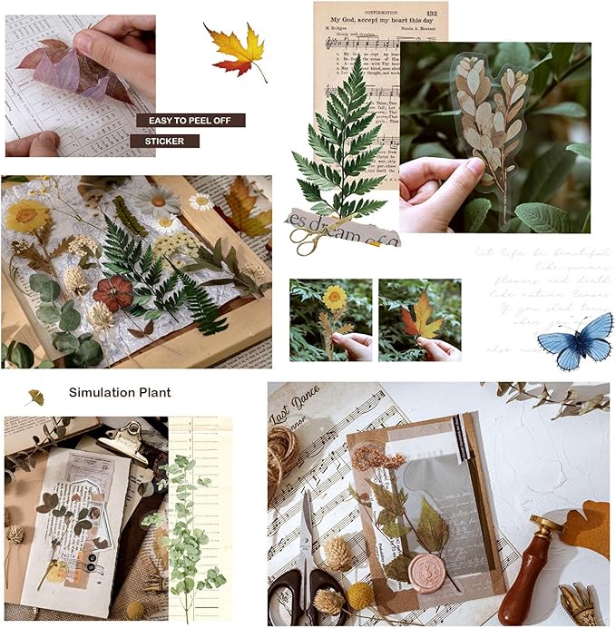 Maxleaf Botanic Series Sticker, 80PCS Large Dried Flowers Waterproof Transparent Stickers, PET Nature Plant Floral Stickers for Journaling Scrapbooking, Clear Flower Decals