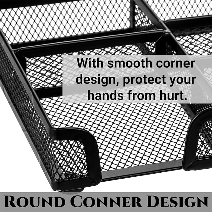 2 Pack Desk Drawer Organizer, Metal Mesh Drawer Office Tray, 6 Compartments Pen Organizer Storage Box, Desktop Basket Accessories for Home Office School Kitchen Vanity Supplies, Black