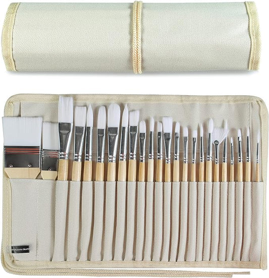 Paint Brushes Set of 24 Pieces Wooden Handles Brushes with Canvas Brush Case, Professional for Oil, Acrylic and Watercolor Painting