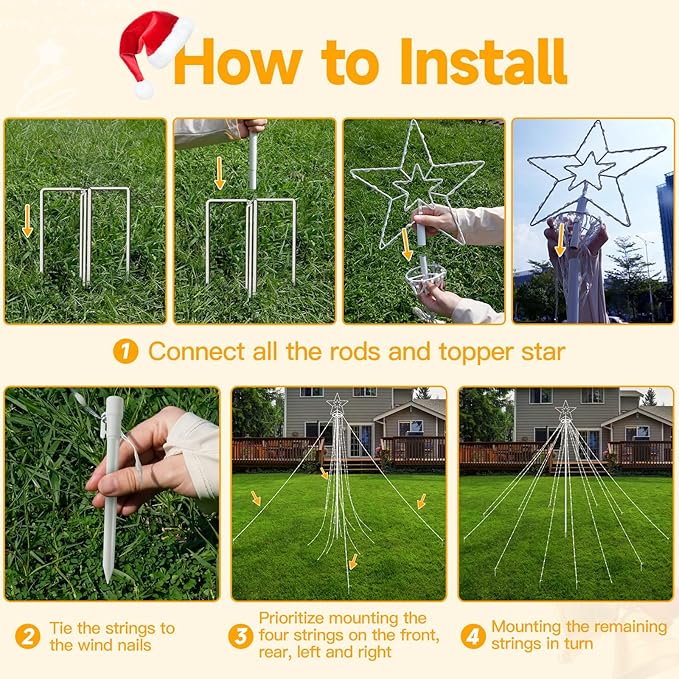 Ollny Christmas Lights Tree Red&Green 340LED with Topper Star, IP67 Waterproof Remote Control Waterfall Lights with Pole, 16 Lighting Modes Timer Dimmable Light Decorations Outdoor Yard Garden Lawn