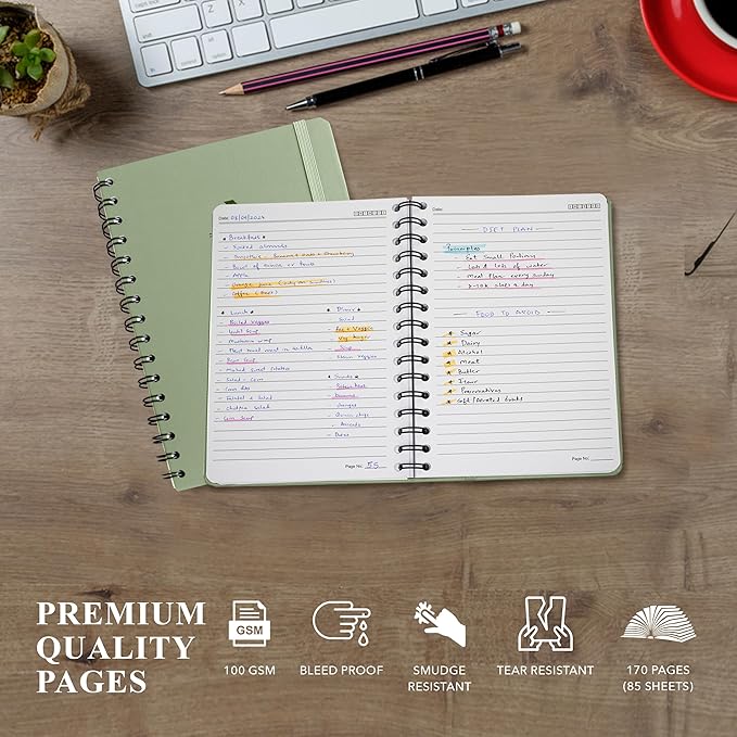 Lined Spiral Notebook Journal For Women & Men - A5(5.8" x 8.3") 170 Pages, Hardcover Journals for Writing & Note Taking, College Ruled Notebook for Work - Green