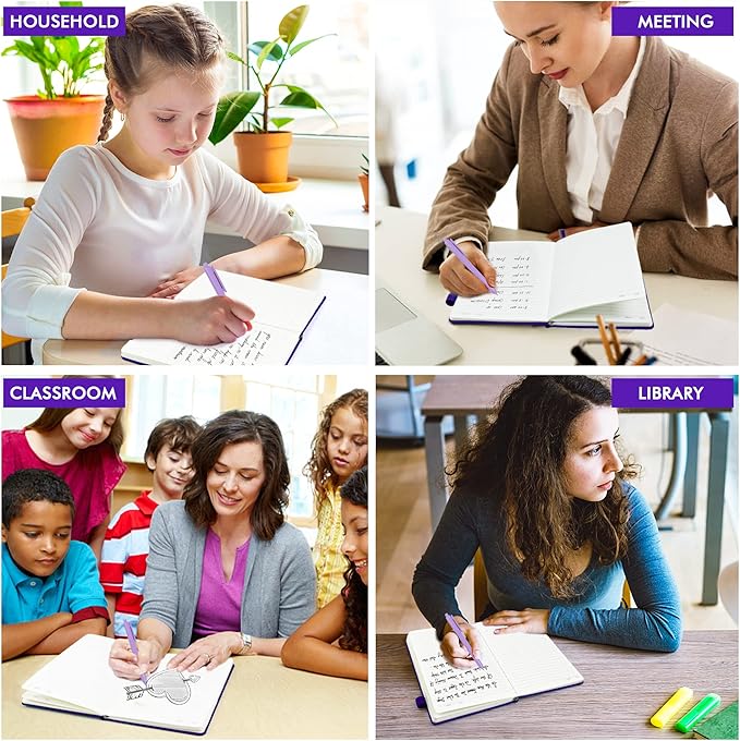 feela 12 Pack Notebooks Journals Bulk, Hardcover Notebook Classic Ruled Journal Set with Pen Holder for School Business Work Travel Writing, with 12 Black Pens, 120 GSM, 5.1”x8.3”, A5, Purple