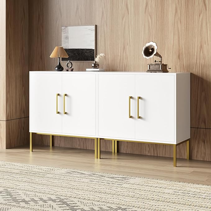 LYNSOM Storage Cabinet with Doors, Set of 2, Modern Buffet Cabinet with Storage, Kitchen Sideboard Buffet, White Wood Accent Cabinet for Living Room, Bedroom, Hallway, Entryway, Office, White