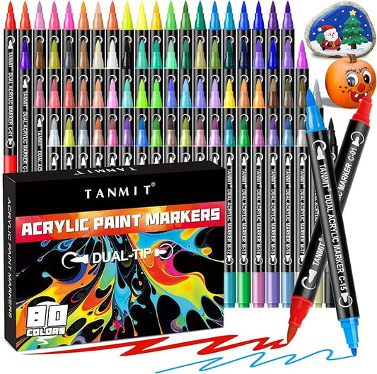 80 Colors Acrylic Paint Markers, Dual Tip Acrylic Paint Pens with Fine Tip and Brush Tip for Rock Painting, Ceramic, Wood, Plastic, Calligraphy, Scrapbooking, Brush Lettering, Card Making, DIY Crafts