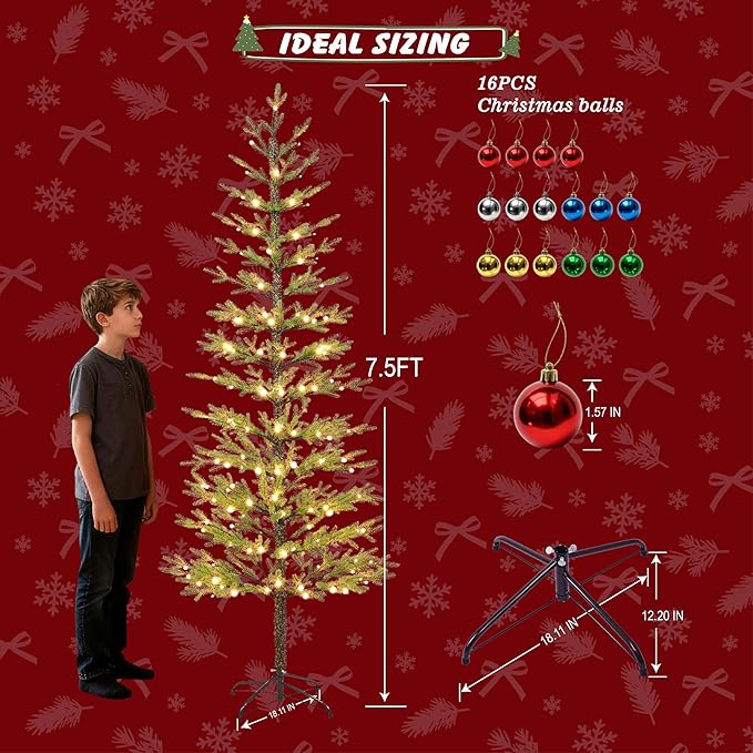 Lightshare 7.5FT 180L Warm White Pine Needle Christmas Tree with Ornaments, Remote & Dimmable Transformer