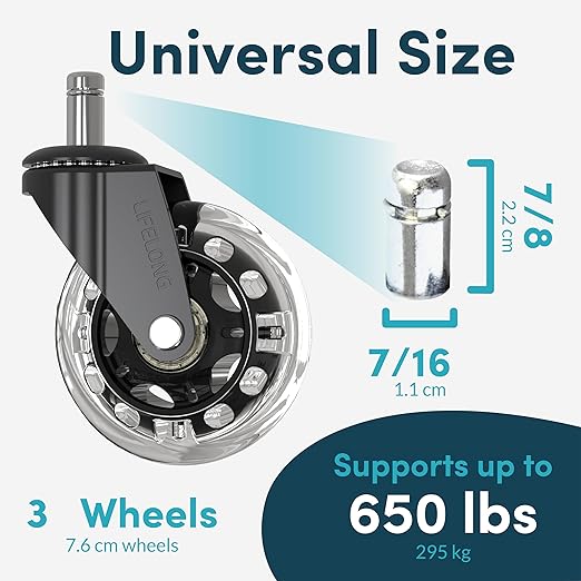 Lifelong Gaming Chair Wheels Replacement RGB Rubber Office Chair Casters for Carpet and Hardwood Floors, Set of 5, Heavy Duty Caster Wheels for Desk Chairs - Fits 98%