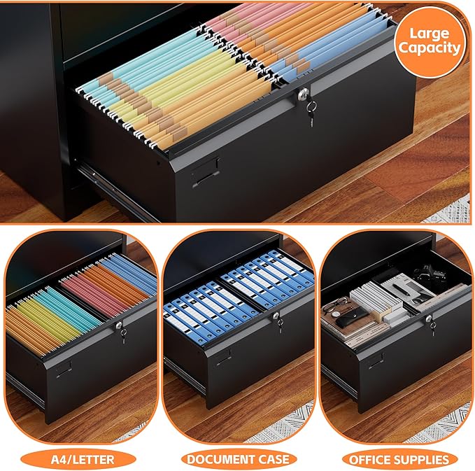 METAN Upgrade Metal 3 Drawer Lateral Files Cabinet for Home Office, Lockable Steel Wide File Storage Cabinet for Hanging Legal/Letter A4 Size, Assembly Required, Black