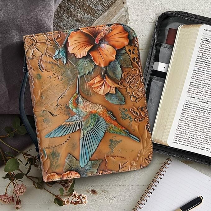 Lotusorchid Large Faux Leather Bible Cover, Hummingbird Bible Cover Case for Women with Handle Pocket, Hibiscus Bible Book Carrying Bags Bible Tote Bag, Bible Study Accessories, Orange, M