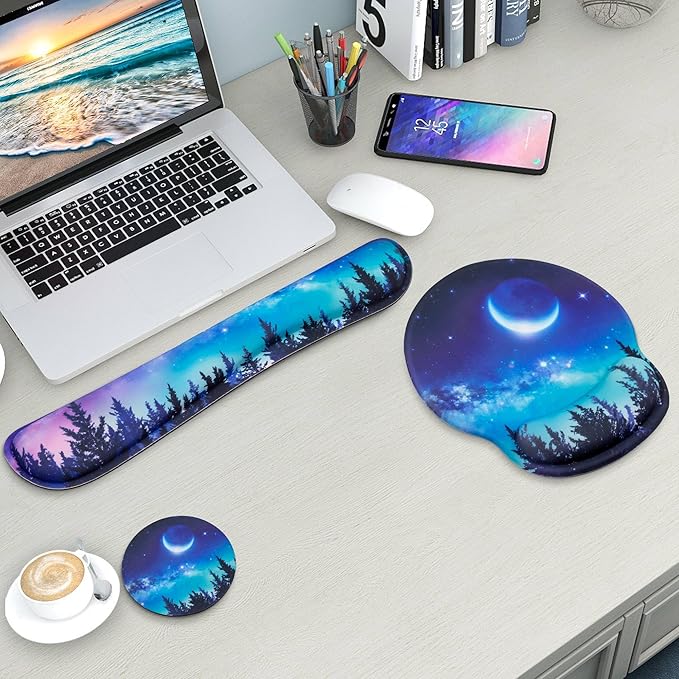 Mouse Pad and Keyboard Wrist Rest Support, with Non-Slip PU Base,Gel Mouse Pad with Coaster,Pain Relief for Gaming, Computer,Office -Forest Moon