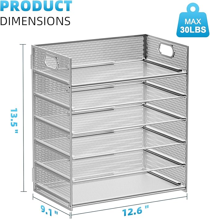 Marbrasse 6 Tier Paper Organizer - Mesh Desk File Holder with Handle, Letter/A4 Paper Sorter - White