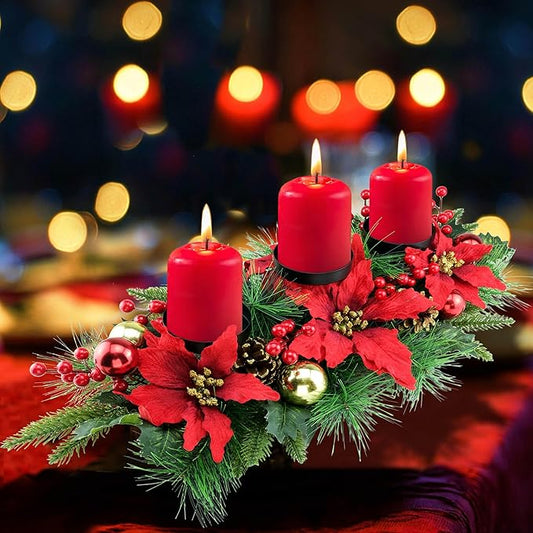 YULETIME 28" Christmas Triple Candelabrum, Holiday Candle Holder with Three Trays, Poinsettia, Red and Gold Baubles, Natural Pine Cones, Red Berries, Leaves Holly, Spruce Branches