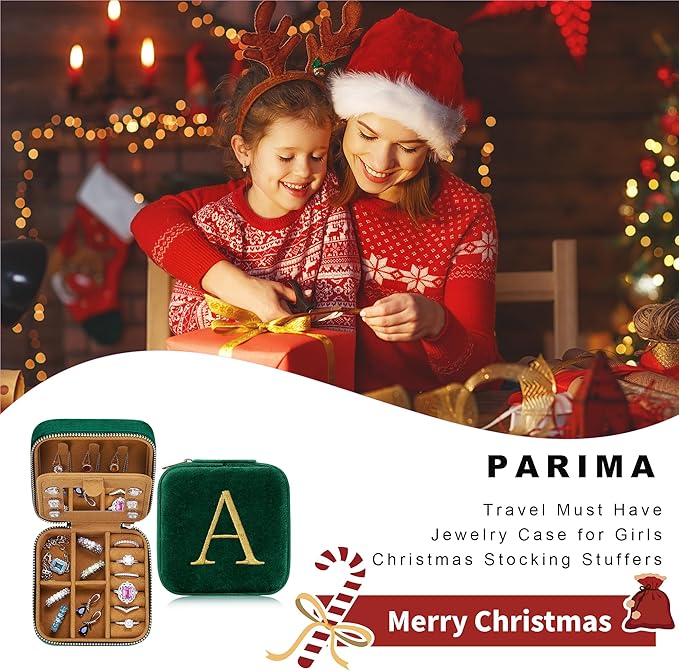 Parima Christmas Gifts for Women - Mom Gifts, Mothers Day Gifts, Mother Birthday Gifts, Mother In Law Gifts, Plush Velvet Personalized Jewelry Box Travel Jewelry Case - Letter M, Green