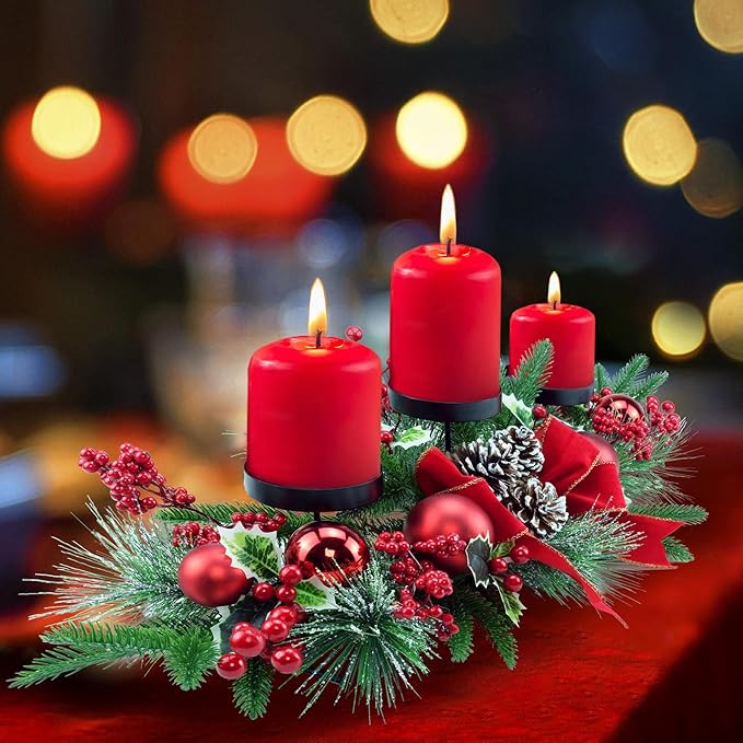 YULETIME 28" Christmas Triple Candelabrum, Holiday Candle Holder with Three Trays, Red Baubles, Natural Pine Cones, Red Berries, Green Leaves Holly, Spruce Branches, Pine Needles