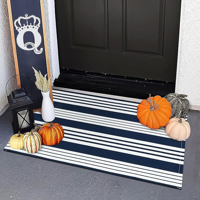 OJIA Front Door Mat Christmas Doormat 2'x3' Striped Front Door Rug Washable Holiday Door Mats Outdoor Cotton Woven Indoor Outdoor Rugs Farmhouse Small Area Rug for Porch/Entryway/Kitchen/Bathroom