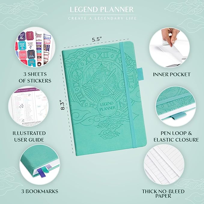 Legend Planner – Weekly & Monthly Life Planner to Hit Your Goals & Live Happier. Organizer Notebook & Productivity Journal. A5 (Aquamarine)