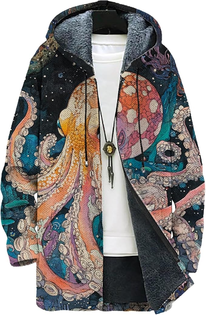 MARSVOVO Mens Cardigan Sweater Cool Graphic Lined Fleece Long Coat Zip With Pockets Fashion Coat Warm Fitted Jacket