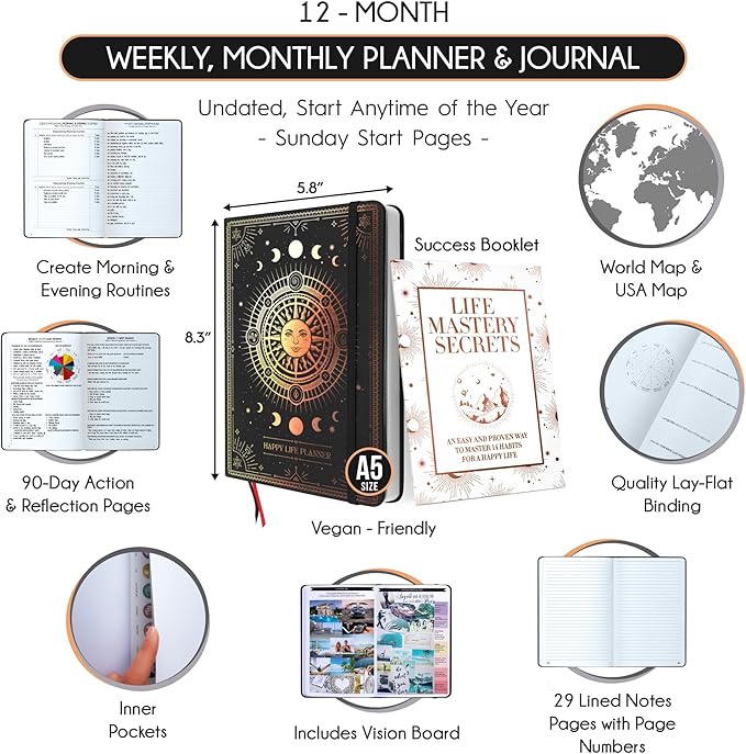 Life Mastery Planner - A 12 Month Journey to Crush Your Goals, Increase Productivity, Passion, Success & Happiness - Weekly & Monthly Life Planner, Habit-Tracker, Gratitude Journal & Organizer