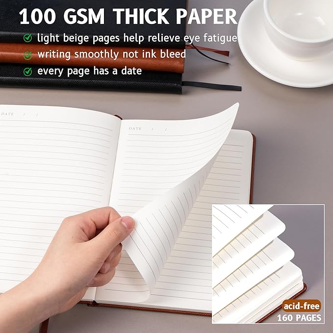 Lined Journal Notebooks for Work 2 Pack, 320 Pages, Medium 5.5 in x 8.5 in - 100 GSM Thick Paper, Hardcover Journal Leather Notebook for Writing & Note Taking, 2 Brown