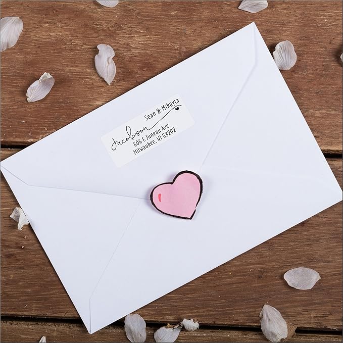 White Address Labels - Personalized Name Stickers, Custom Printed Return Mailing and Shipping Labels for Envelopes, Packages, Business, Home Use (Heart icon)
