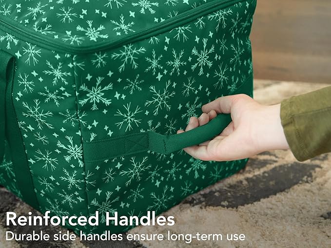 Covermates Keepsakes Rolling Christmas Light Storage Bag - Carrying Handles, ID Window, Dual Wheels - Holiday Storage, Green Snowflake