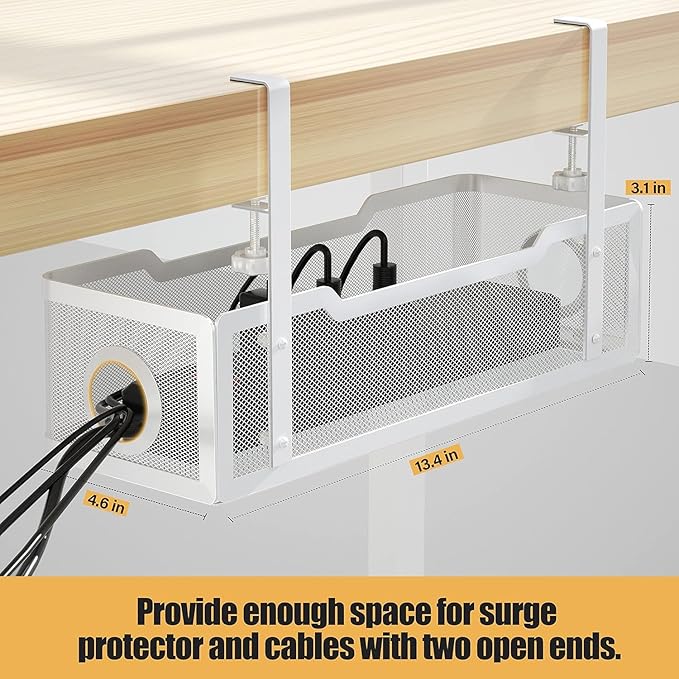 4 Pack Under Desk Cable Management Box White, Cinati 53.6" Wire Organizers No Drill, Cord Organization Tray with Clamp for Office, Home - No Damage to Desk