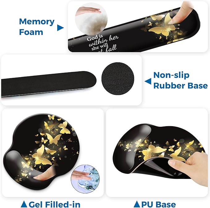 Mouse Pad and Keyboard Wrist Rest Support, with Non-Slip PU Base,Gel Mouse Pad with Coaster,Pain Relief for Gaming, Computer,Office -Golden Butterflies