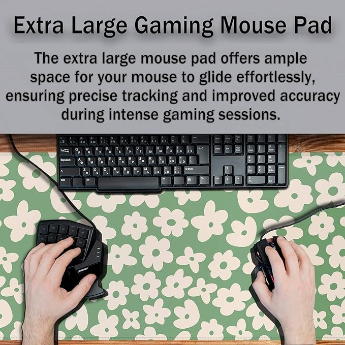 Large Gaming Mouse Pad - Green Keyboard Mouse Pads with Non-Slip Rubber Base, 35.4" X 15.7" for Game Office, Groovy Flowers