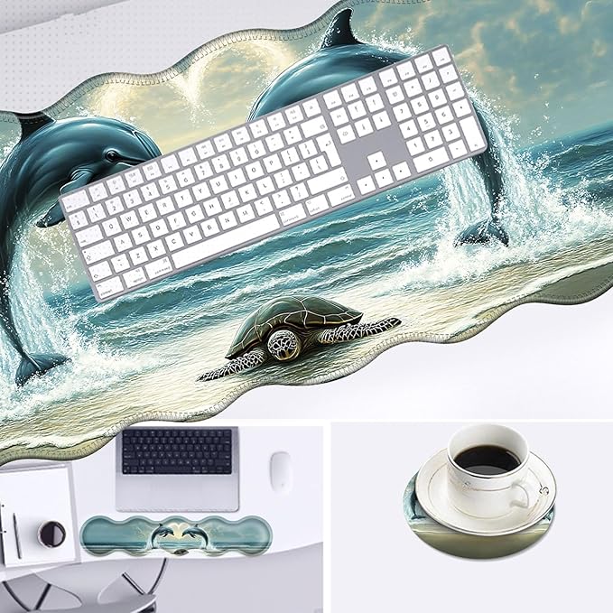 Large Mouse Pad and Keyboard Wrist Rest, Desk Pad for Keyboard and Mouse, 4-in-1 Large Gaming Mouse Pad with Wrist Support, Desk Mat for Home Office Study Game-Dolphins and Sea Turtle