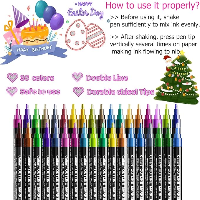 Caliart 36 Colors Outline Shimmer Markers, Glitter Metallic Marker Pens, Stocking Stuffers for Teen Girls Boys Adults Christmas Gifts Trendy Stuff, Cool Fun Craft Drawing Art Supplies Set