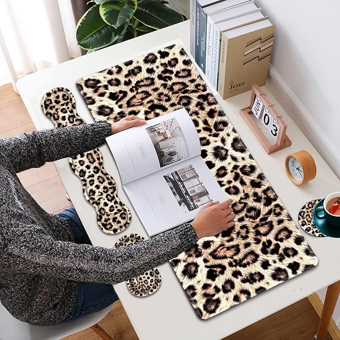Large XXL Gaming Desk Mat 31.5"x 11.8", Ergonomic Keyboard Wrist Rest & Mouse Pad Wrist Rest + Coaster Set, Non-Slip Base, Memory Foam, Office and Home, Leopard Print