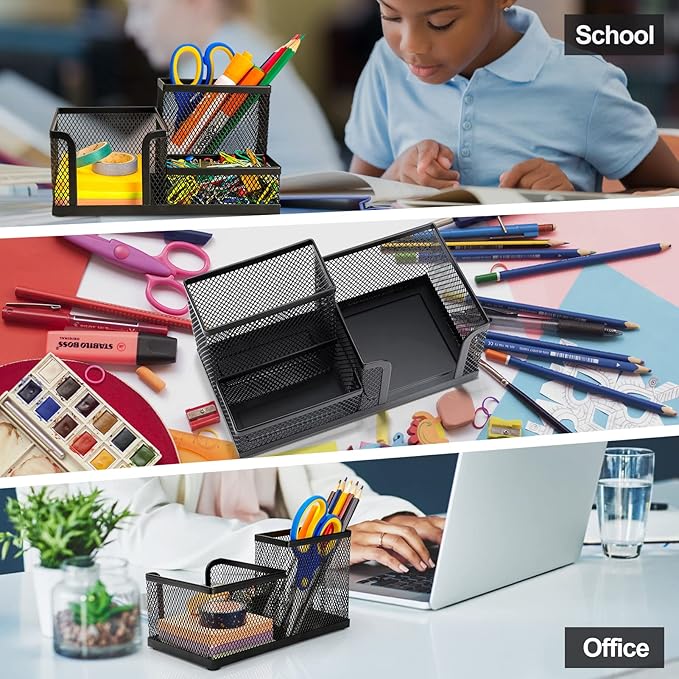 MaxGear Pen Holder for Desk - Black Metal Mesh Pencil Holder with 3 Compartments, Desktop Organizer with Non-Slip Mats, Office Supplies Organizer for School, Home & Workspace