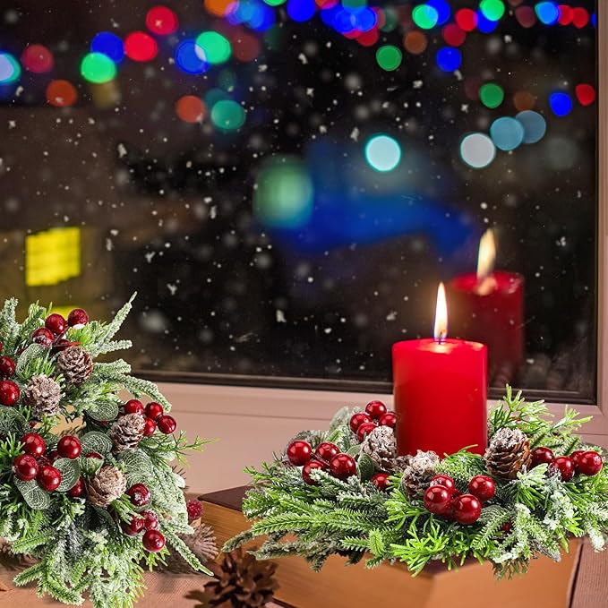 Lyrow 24 Pcs Christmas Candle Rings Wreath Xmas Kitchen Cabinet Mini Wreath Artificial Berries Snowy Pine Candle Ring Holder for Christmas Chandelier Home Table Centerpiece Indoor Decor