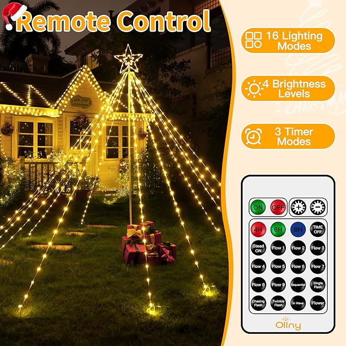 Ollny Christmas Lights Tree 340LED with Topper Star, IP67 Waterproof Remote Control Waterfall Lights with Pole, 16 Modes 3 Timers Dimmable Light Decorations for Outdoor Yard Garden Lawn(Warm White)