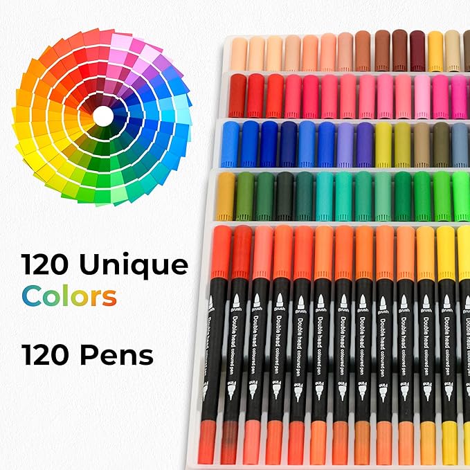 NextG Artz Dual Tip Brush Pens Art Markers, 120 Unique Bright Color, Fineliner & Brush Tip Art Pens for Art Lovers Coloring Drawing Book, Calligraphy Writing, Sketching and Doodling