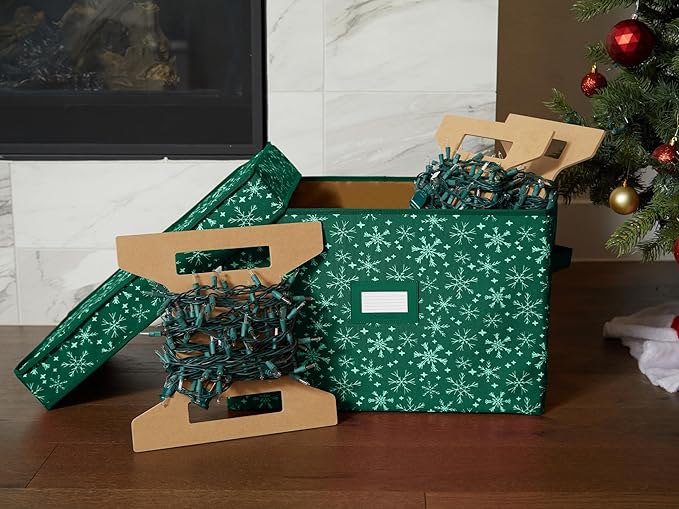 Covermates Keepsakes Christmas Light Storage Box - Carrying Handles, Sturdy Interior Walls - Holiday Storage, Green Snowflake