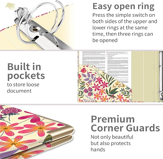 Ospelelf 3 Ring Binder, 1.5 Inch, Cute Floral Binder for Letter Size (11" x 8.5") with 5 Tab Dividers, File Folder Labels and Low Profile Clipboards