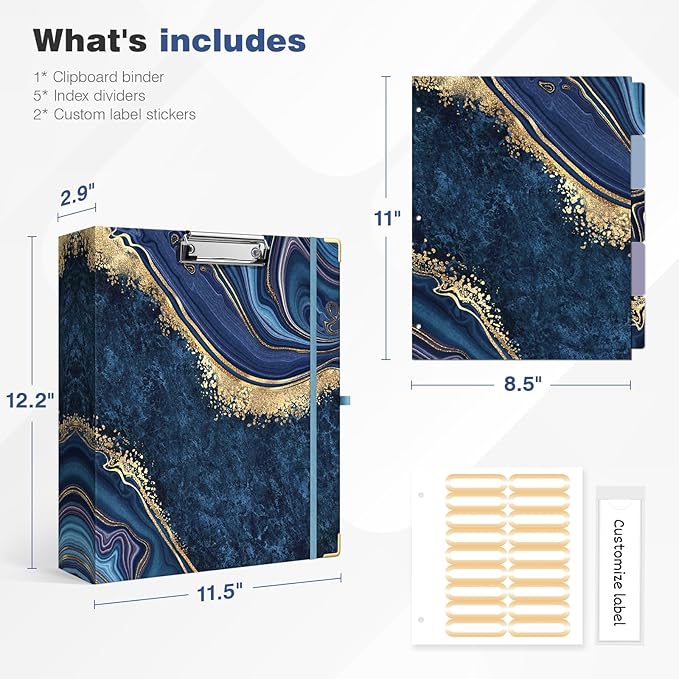 Ospelelf 3 Ring Binder, 2 Inch Letter Size (11" x 8.5") with 5 Tab Dividers, File Folder Labels and Low Profile Clipboards, Blue Marble Binder for School and Office Supplies