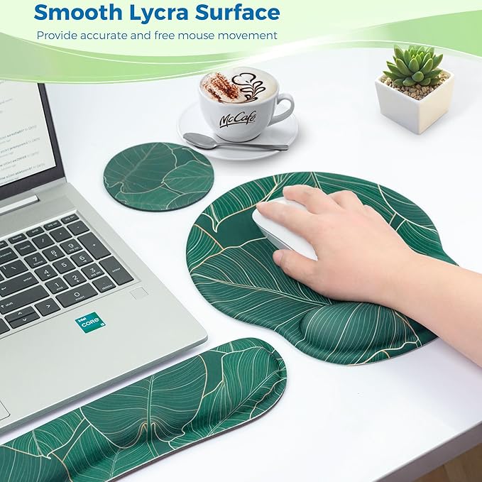 Mouse Pad and Keyboard Wrist Rest Support, with Non-Slip PU Base,Gel Mouse Pad with Coaster,Pain Relief for Gaming, Computer,Office -Green Leaves
