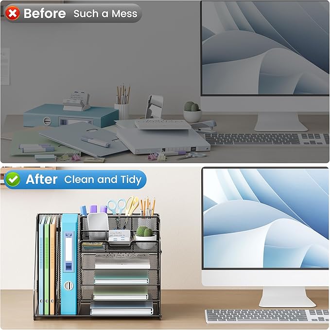 Lavatino Desk Organizer, 5-Tier Metal Mesh Paper Letter Tray with 2 File Holders & 7 Flexible Dividers for Office or Home Desk Organizers and Accessories, Keep Workspace Supplies Neat, Black