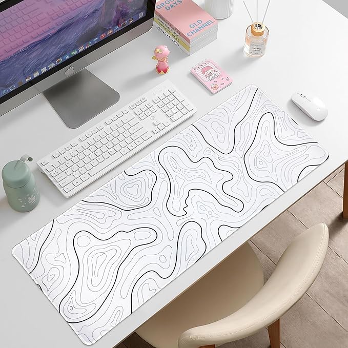 Large Gaming Mouse Pad for Desk, White Topographic Mouse Pad Desk Mat for Gaming Office, Long XL Mouse Pads Keyboard Pad Desk Pad for Computer Laptop 31.5''x11.8''