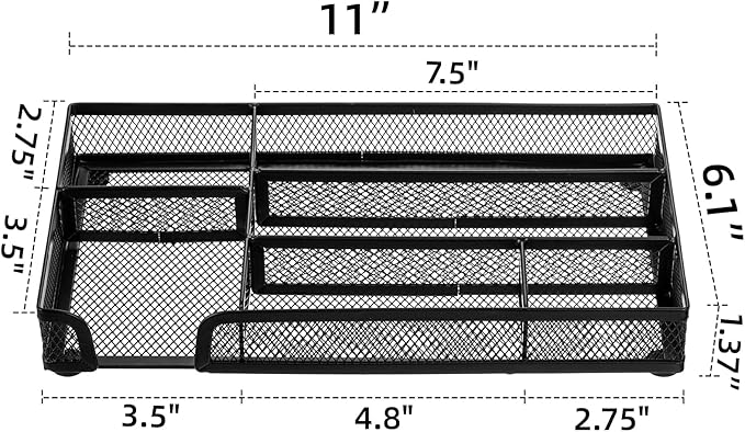 2 Pack Desk Drawer Organizer, Metal Mesh Drawer Office Tray, 6 Compartments Pen Organizer Storage Box, Desktop Basket Accessories for Home Office School Kitchen Vanity Supplies, Black