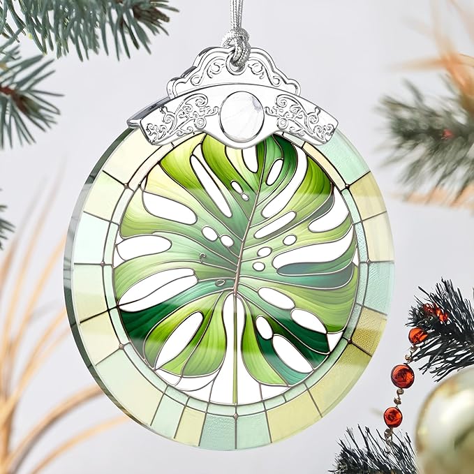 Monstera Leaf Stained Glass Ornament - Christmas Tree Decorations, Holiday Presents, Gift Exchange Ideas